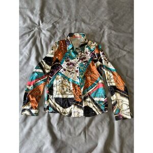 New Feeling Scarf Print Button Up Blouse Small Multicolor Chain Floral Silky Top